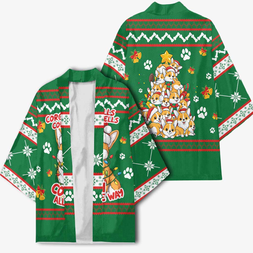 Corgi Dog Lights Corgi Bells Corgi All the Way Kimono wirh Green Snowflake Pattern Design - Wonder Print Shop