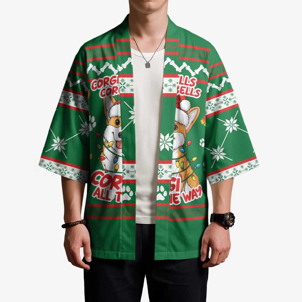 Corgi Dog Lights Corgi Bells Corgi All the Way Kimono wirh Green Snowflake Pattern Design - Wonder Print Shop