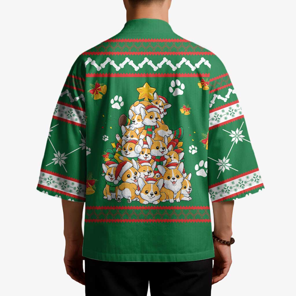 Corgi Dog Lights Corgi Bells Corgi All the Way Kimono wirh Green Snowflake Pattern Design - Wonder Print Shop