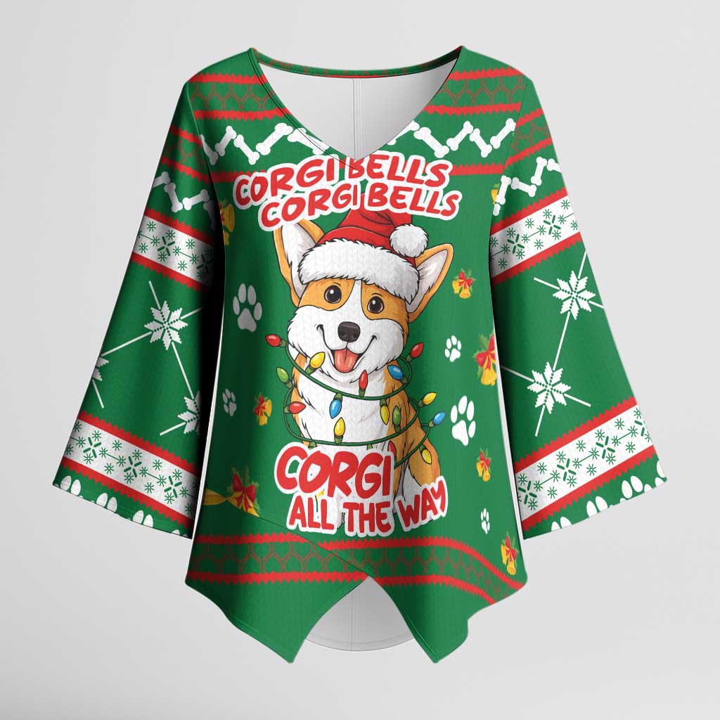Corgi Dog Lights Corgi Bells Corgi All the Way Kimono Sleeve Blouse wirh Green Snowflake Pattern Design - Wonder Print Shop