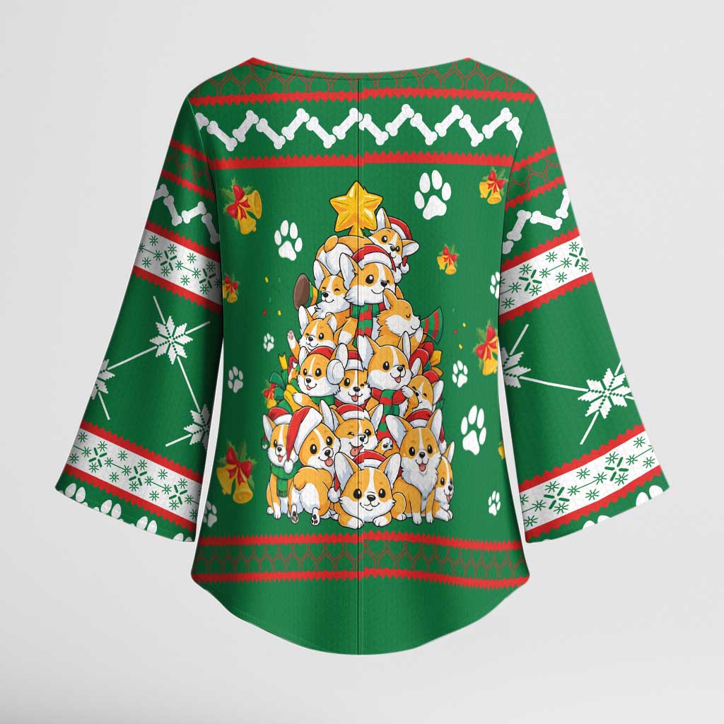 Corgi Dog Lights Corgi Bells Corgi All the Way Kimono Sleeve Blouse wirh Green Snowflake Pattern Design - Wonder Print Shop