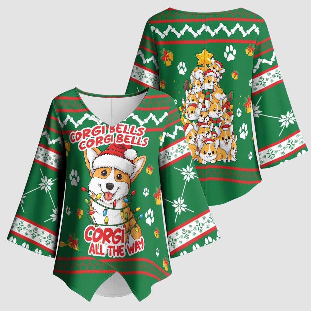 Corgi Dog Lights Corgi Bells Corgi All the Way Kimono Sleeve Blouse wirh Green Snowflake Pattern Design - Wonder Print Shop