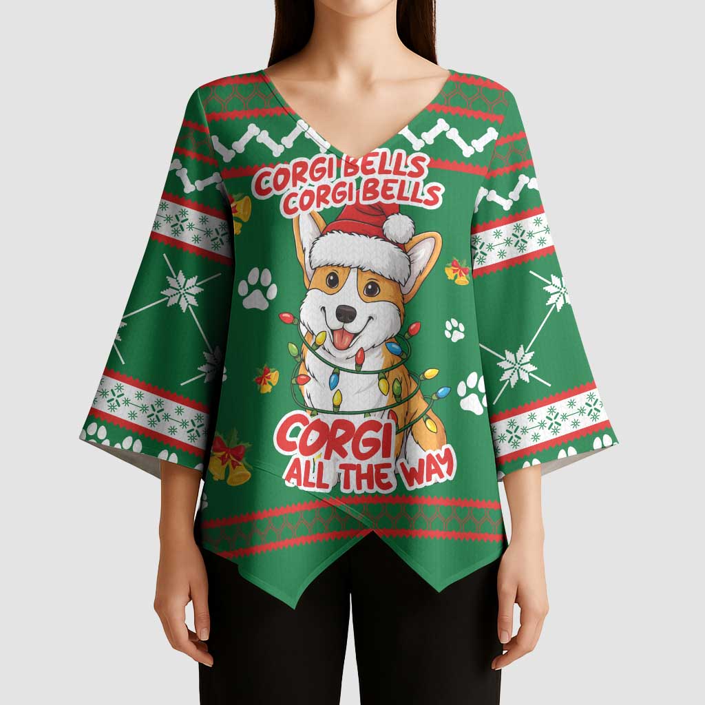 Corgi Dog Lights Corgi Bells Corgi All the Way Kimono Sleeve Blouse wirh Green Snowflake Pattern Design - Wonder Print Shop