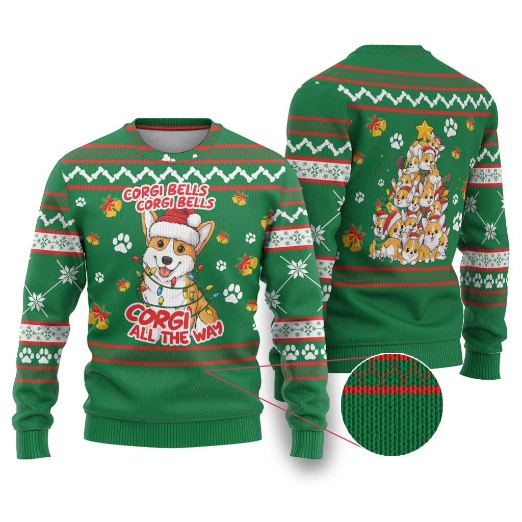 Corgi Dog Lights Corgi Bells Corgi All the Way Ugly Christmas Sweater wirh Green Snowflake Pattern Design - Wonder Print Shop