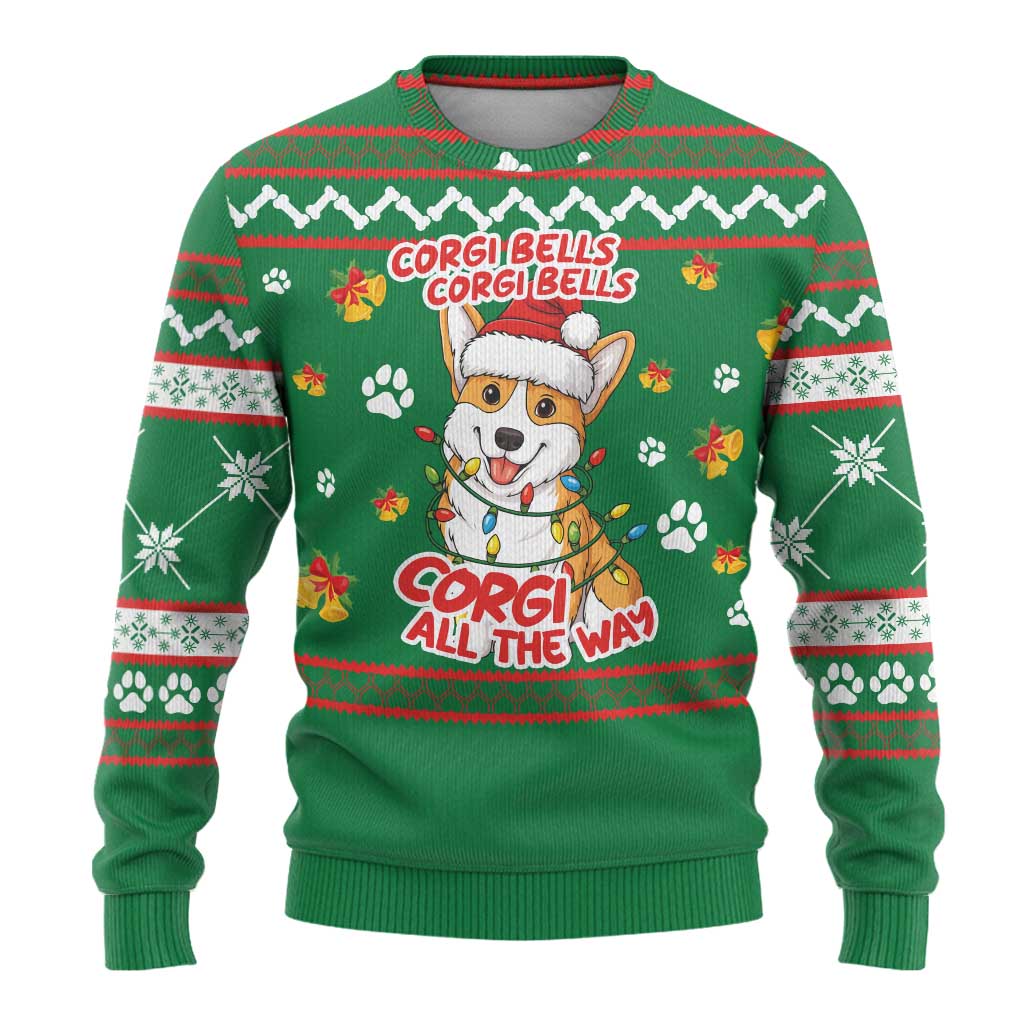 Corgi Dog Lights Corgi Bells Corgi All the Way Ugly Christmas Sweater wirh Green Snowflake Pattern Design - Wonder Print Shop