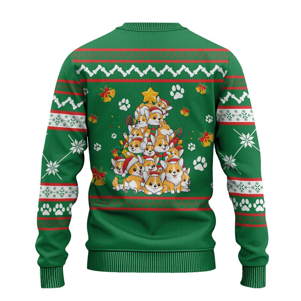 Corgi Dog Lights Corgi Bells Corgi All the Way Ugly Christmas Sweater wirh Green Snowflake Pattern Design - Wonder Print Shop