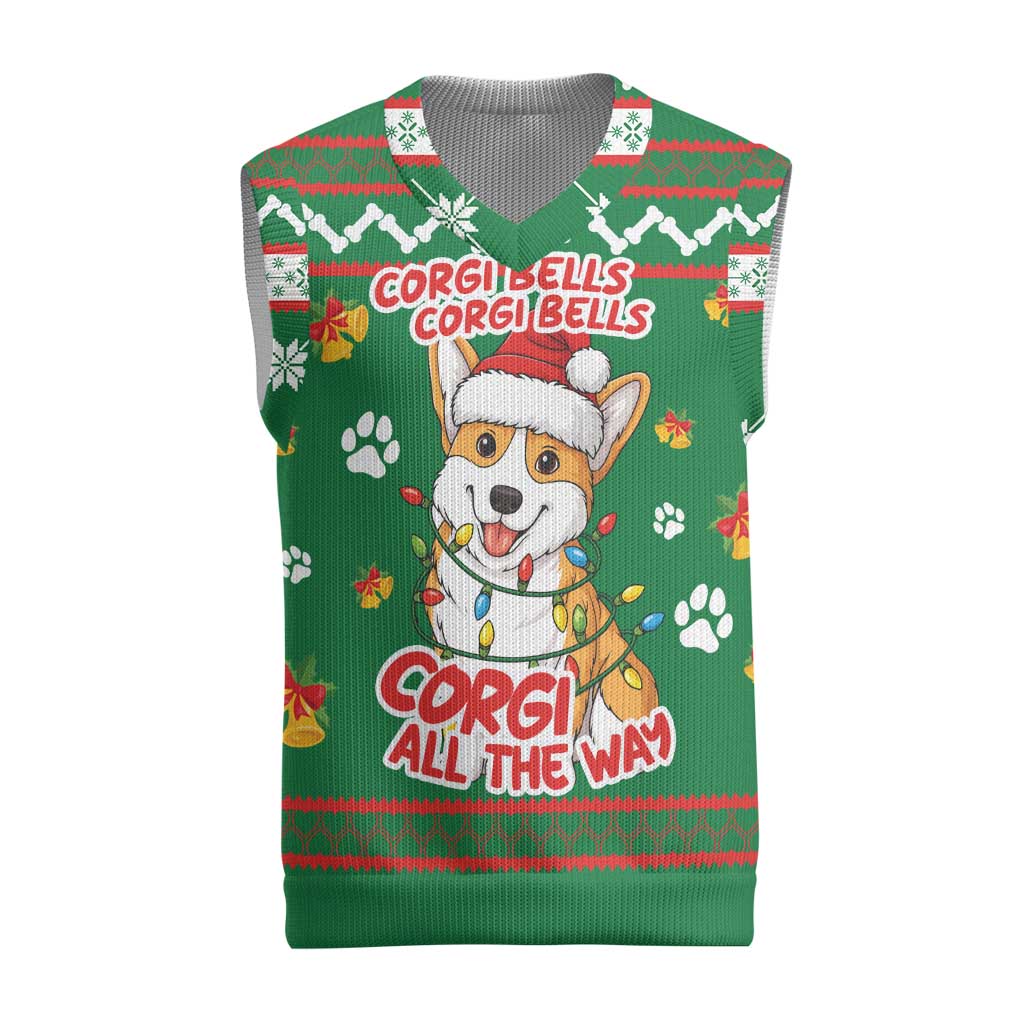 Corgi Dog Lights Corgi Bells Corgi All the Way Christmas Knitted V-Neck Vest wirh Green Snowflake Pattern Design - Wonder Print Shop