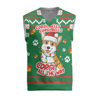 Corgi Dog Lights Corgi Bells Corgi All the Way Christmas Knitted V-Neck Vest wirh Green Snowflake Pattern Design - Wonder Print Shop