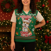 Corgi Dog Lights Corgi Bells Corgi All the Way Christmas Knitted V-Neck Vest wirh Green Snowflake Pattern Design - Wonder Print Shop