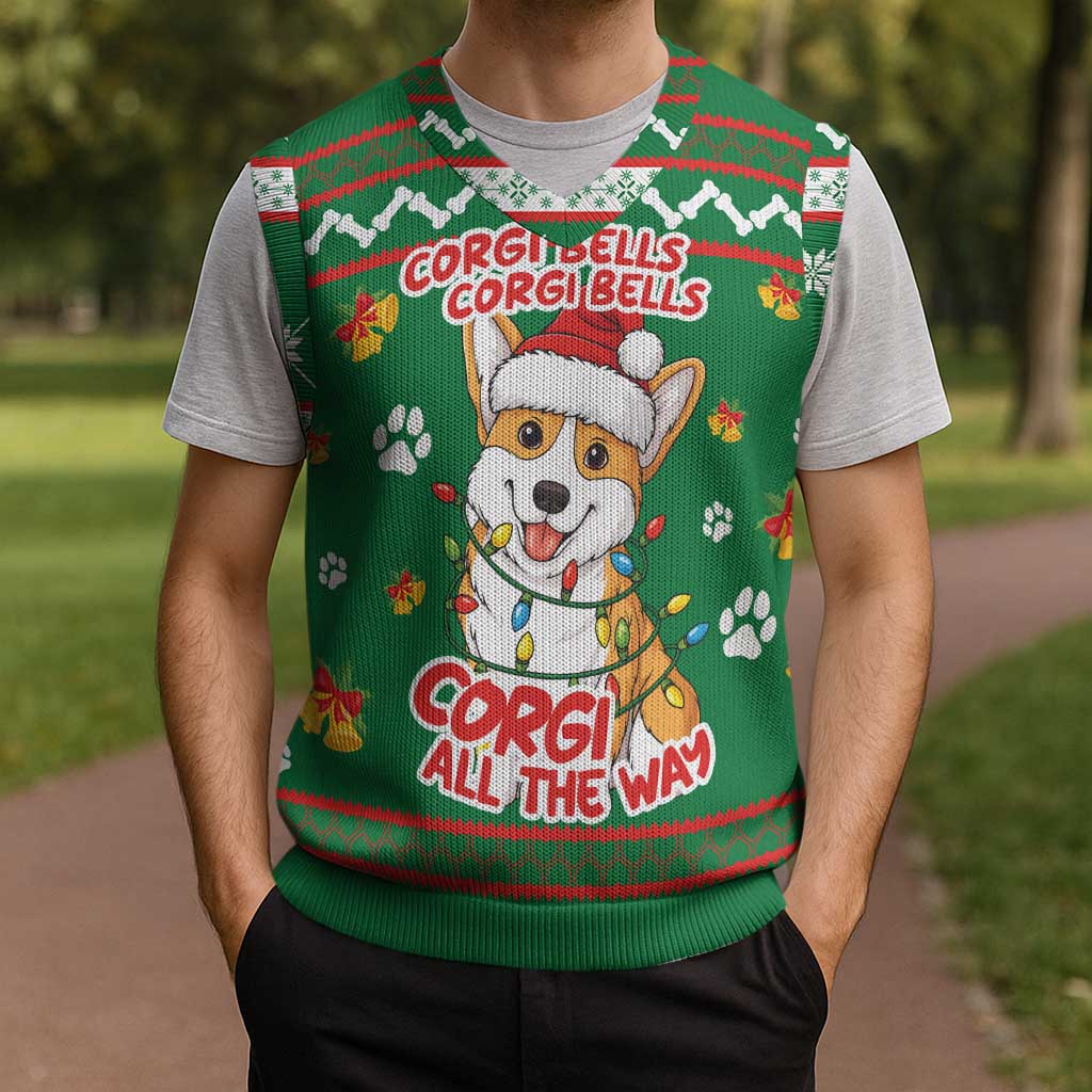 Corgi Dog Lights Corgi Bells Corgi All the Way Christmas Knitted V-Neck Vest wirh Green Snowflake Pattern Design - Wonder Print Shop