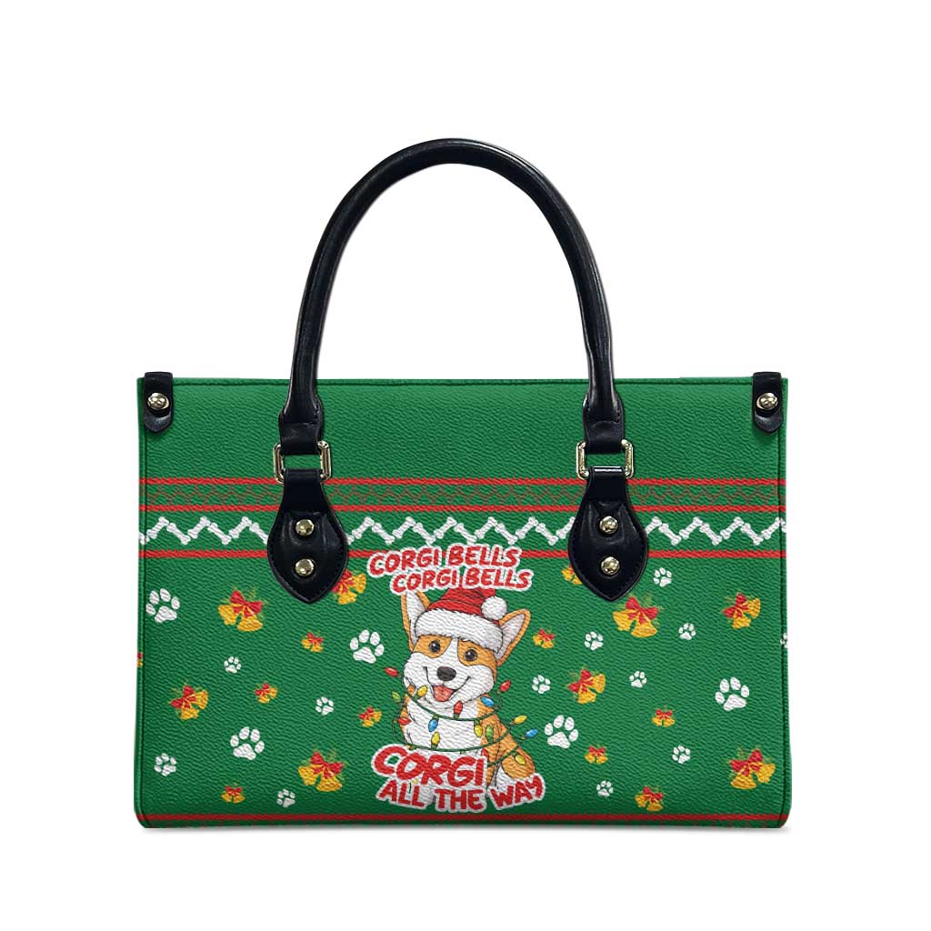 Corgi Dog Lights Corgi Bells Corgi All the Way Leather Bag wirh Green Snowflake Pattern Design - Wonder Print Shop