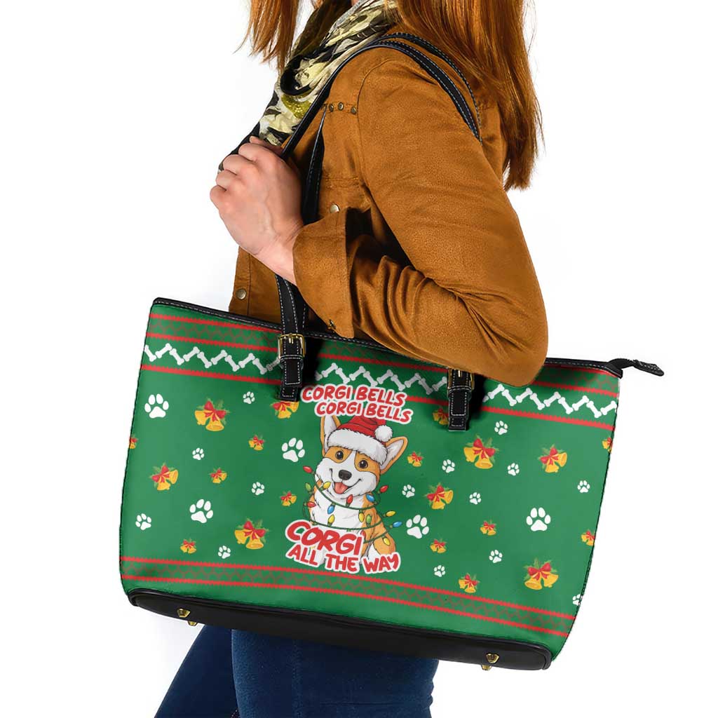 Corgi Dog Lights Corgi Bells Corgi All the Way Leather Tote Bag wirh Green Snowflake Pattern Design - Wonder Print Shop