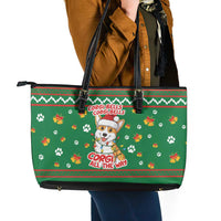 Corgi Dog Lights Corgi Bells Corgi All the Way Leather Tote Bag wirh Green Snowflake Pattern Design - Wonder Print Shop