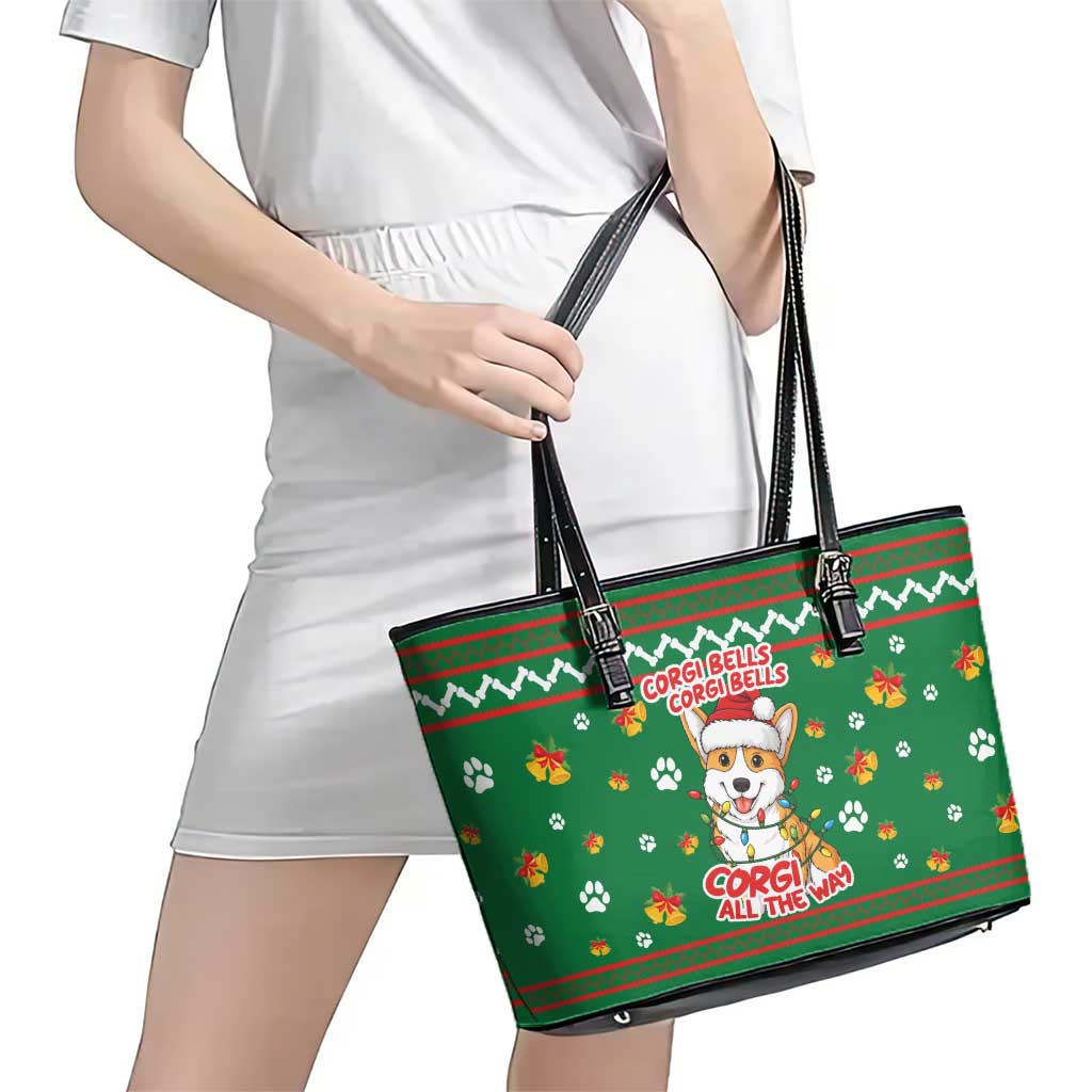 Corgi Dog Lights Corgi Bells Corgi All the Way Leather Tote Bag wirh Green Snowflake Pattern Design - Wonder Print Shop