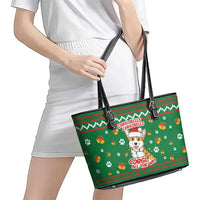 Corgi Dog Lights Corgi Bells Corgi All the Way Leather Tote Bag wirh Green Snowflake Pattern Design - Wonder Print Shop