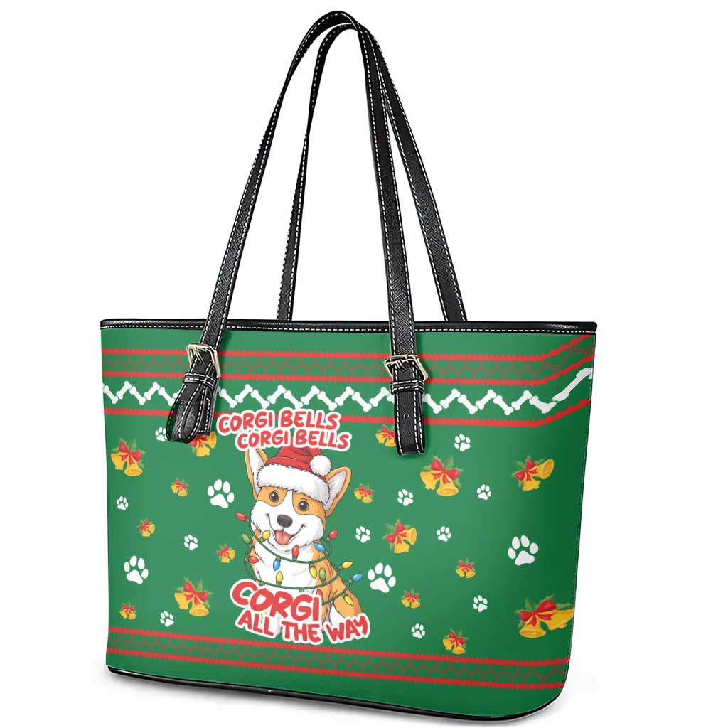 Corgi Dog Lights Corgi Bells Corgi All the Way Leather Tote Bag wirh Green Snowflake Pattern Design - Wonder Print Shop