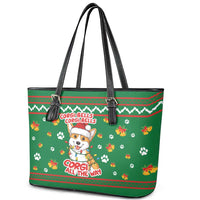Corgi Dog Lights Corgi Bells Corgi All the Way Leather Tote Bag wirh Green Snowflake Pattern Design - Wonder Print Shop