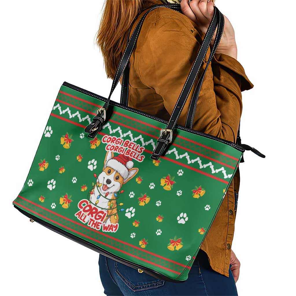 Corgi Dog Lights Corgi Bells Corgi All the Way Leather Tote Bag wirh Green Snowflake Pattern Design - Wonder Print Shop