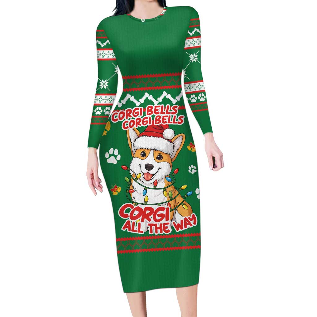 Corgi Dog Lights Corgi Bells Corgi All the Way Long Sleeve Bodycon Dress wirh Green Snowflake Pattern Design - Wonder Print Shop