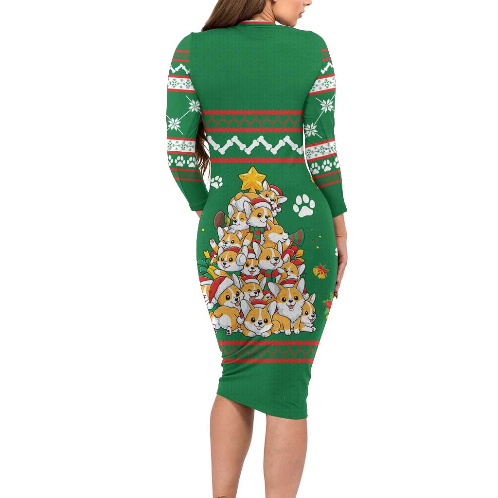 Corgi Dog Lights Corgi Bells Corgi All the Way Long Sleeve Bodycon Dress wirh Green Snowflake Pattern Design - Wonder Print Shop