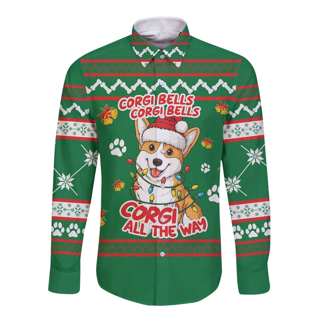 Corgi Dog Lights Corgi Bells Corgi All the Way Long Sleeve Button Shirt wirh Green Snowflake Pattern Design - Wonder Print Shop