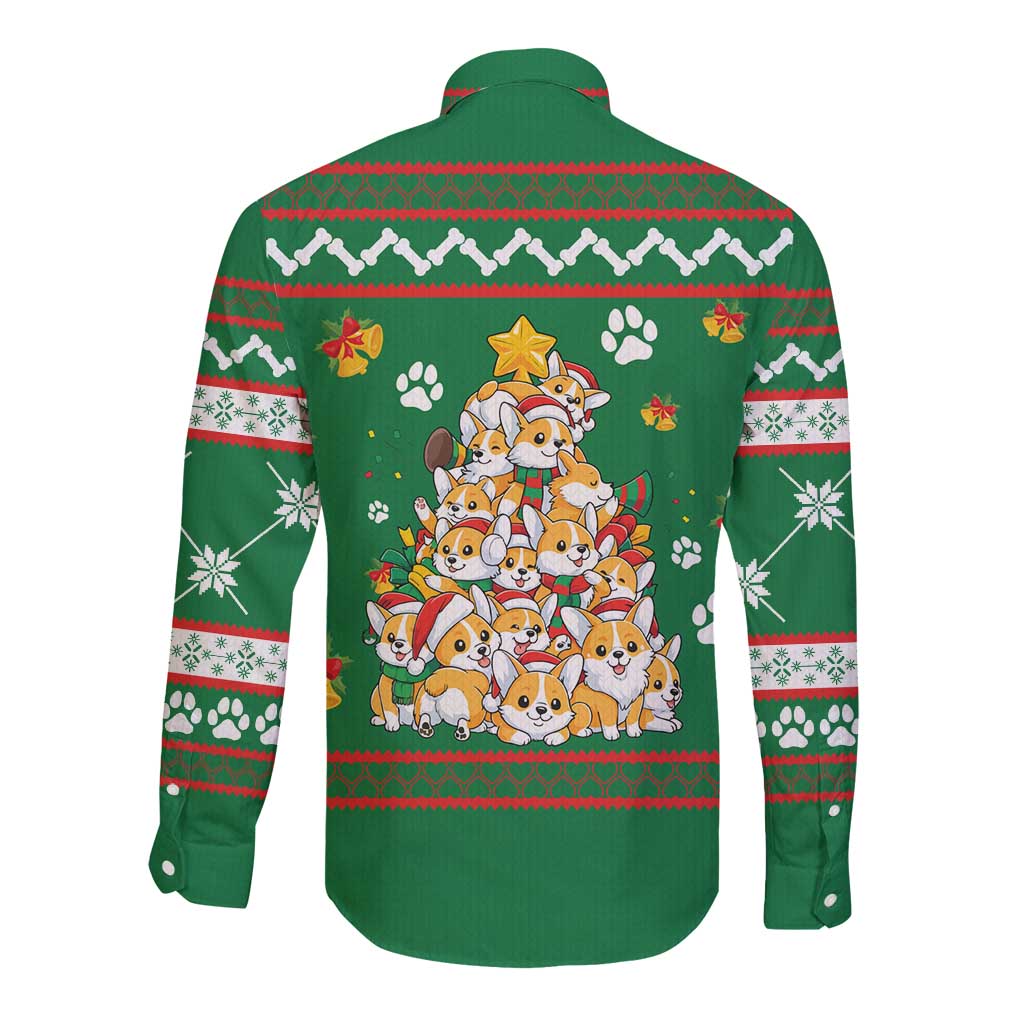 Corgi Dog Lights Corgi Bells Corgi All the Way Long Sleeve Button Shirt wirh Green Snowflake Pattern Design - Wonder Print Shop