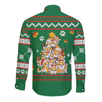 Corgi Dog Lights Corgi Bells Corgi All the Way Long Sleeve Button Shirt wirh Green Snowflake Pattern Design - Wonder Print Shop