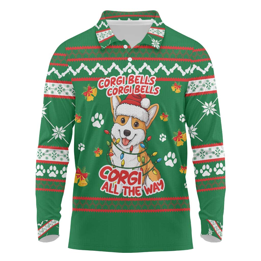 Corgi Dog Lights Corgi Bells Corgi All the Way Long Sleeve Polo Shirt wirh Green Snowflake Pattern Design - Wonder Print Shop