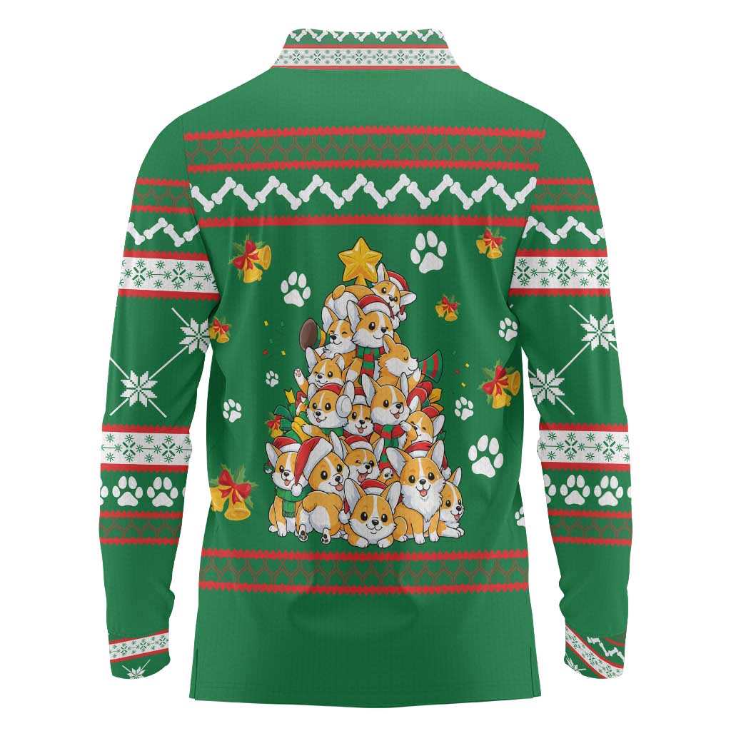 Corgi Dog Lights Corgi Bells Corgi All the Way Long Sleeve Polo Shirt wirh Green Snowflake Pattern Design - Wonder Print Shop