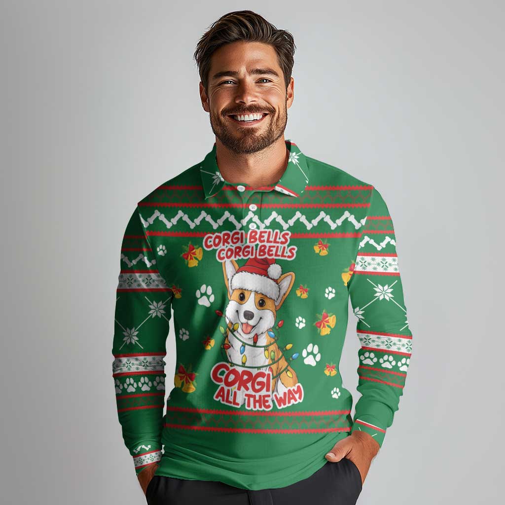Corgi Dog Lights Corgi Bells Corgi All the Way Long Sleeve Polo Shirt wirh Green Snowflake Pattern Design - Wonder Print Shop