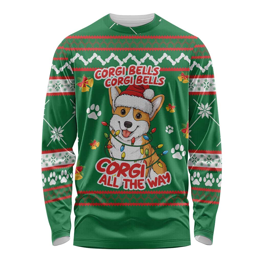 Corgi Dog Lights Corgi Bells Corgi All the Way Long Sleeve Shirt wirh Green Snowflake Pattern Design - Wonder Print Shop