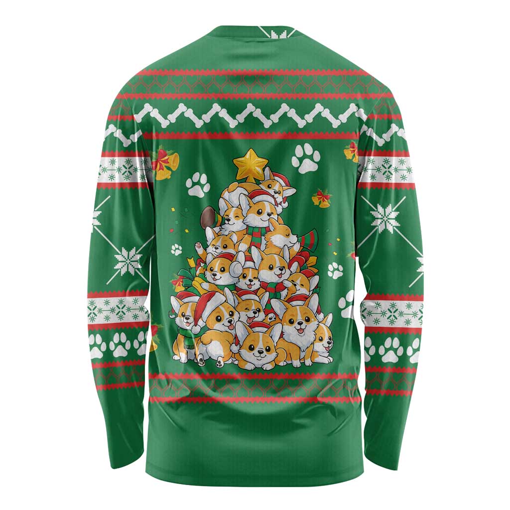 Corgi Dog Lights Corgi Bells Corgi All the Way Long Sleeve Shirt wirh Green Snowflake Pattern Design - Wonder Print Shop