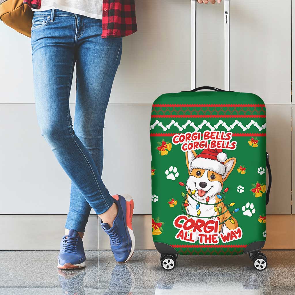 Corgi Dog Lights Corgi Bells Corgi All the Way Luggage Cover wirh Green Snowflake Pattern Design - Wonder Print Shop