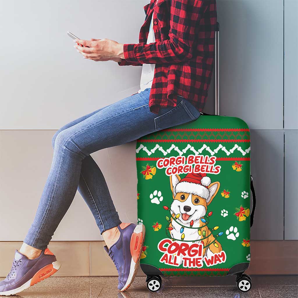 Corgi Dog Lights Corgi Bells Corgi All the Way Luggage Cover wirh Green Snowflake Pattern Design - Wonder Print Shop