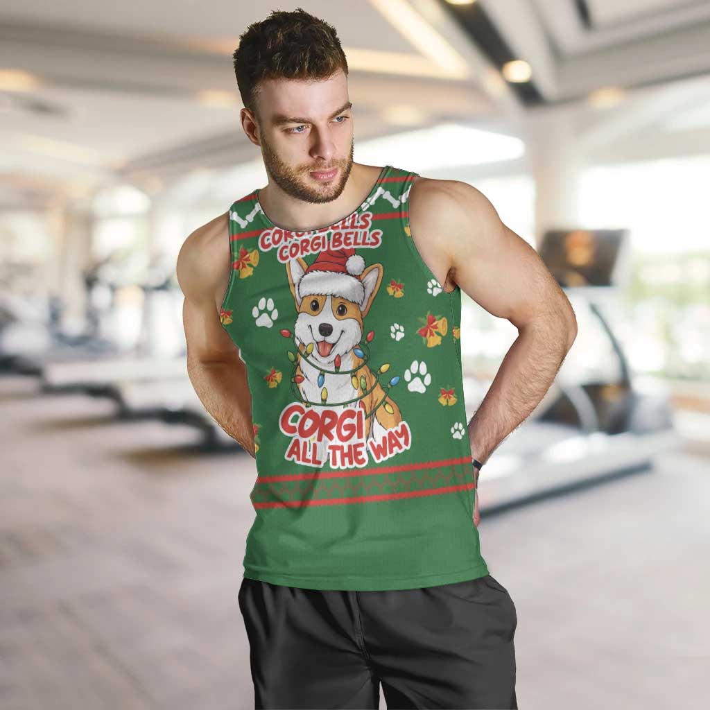 Corgi Dog Lights Corgi Bells Corgi All the Way Men Tank Top wirh Green Snowflake Pattern Design - Wonder Print Shop