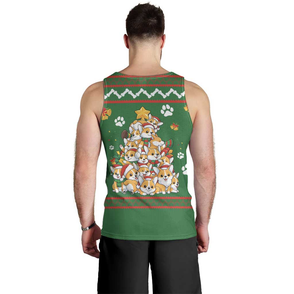 Corgi Dog Lights Corgi Bells Corgi All the Way Men Tank Top wirh Green Snowflake Pattern Design - Wonder Print Shop