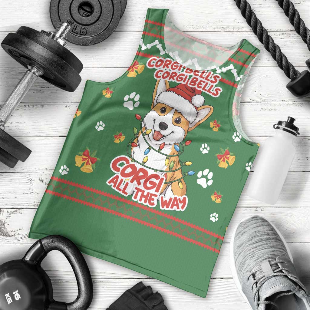 Corgi Dog Lights Corgi Bells Corgi All the Way Men Tank Top wirh Green Snowflake Pattern Design - Wonder Print Shop