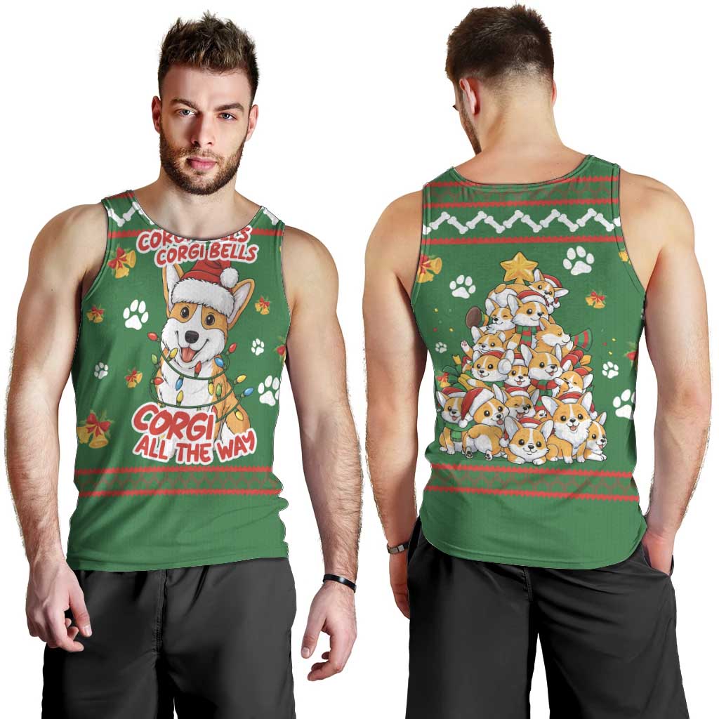 Corgi Dog Lights Corgi Bells Corgi All the Way Men Tank Top wirh Green Snowflake Pattern Design - Wonder Print Shop