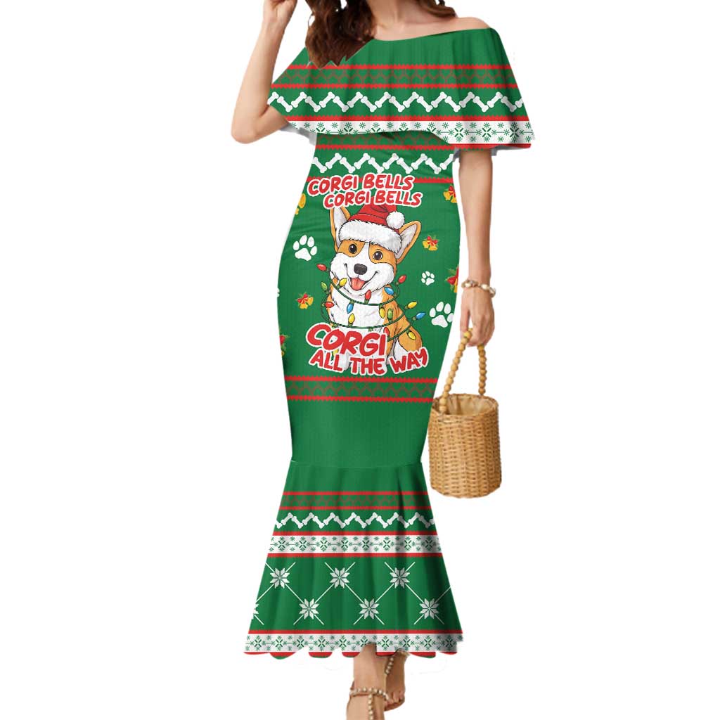 Corgi Dog Lights Corgi Bells Corgi All the Way Mermaid Dress wirh Green Snowflake Pattern Design - Wonder Print Shop