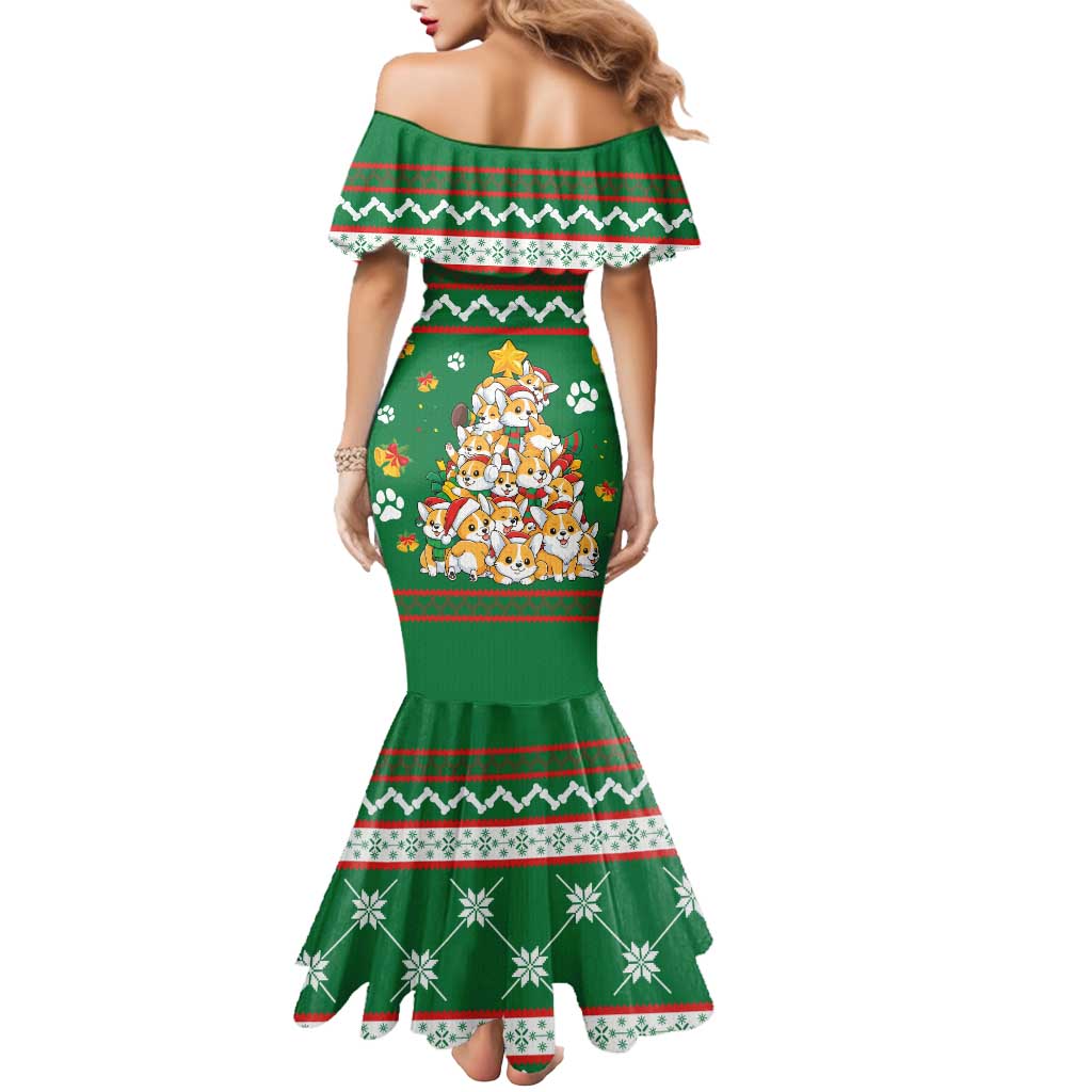 Corgi Dog Lights Corgi Bells Corgi All the Way Mermaid Dress wirh Green Snowflake Pattern Design - Wonder Print Shop
