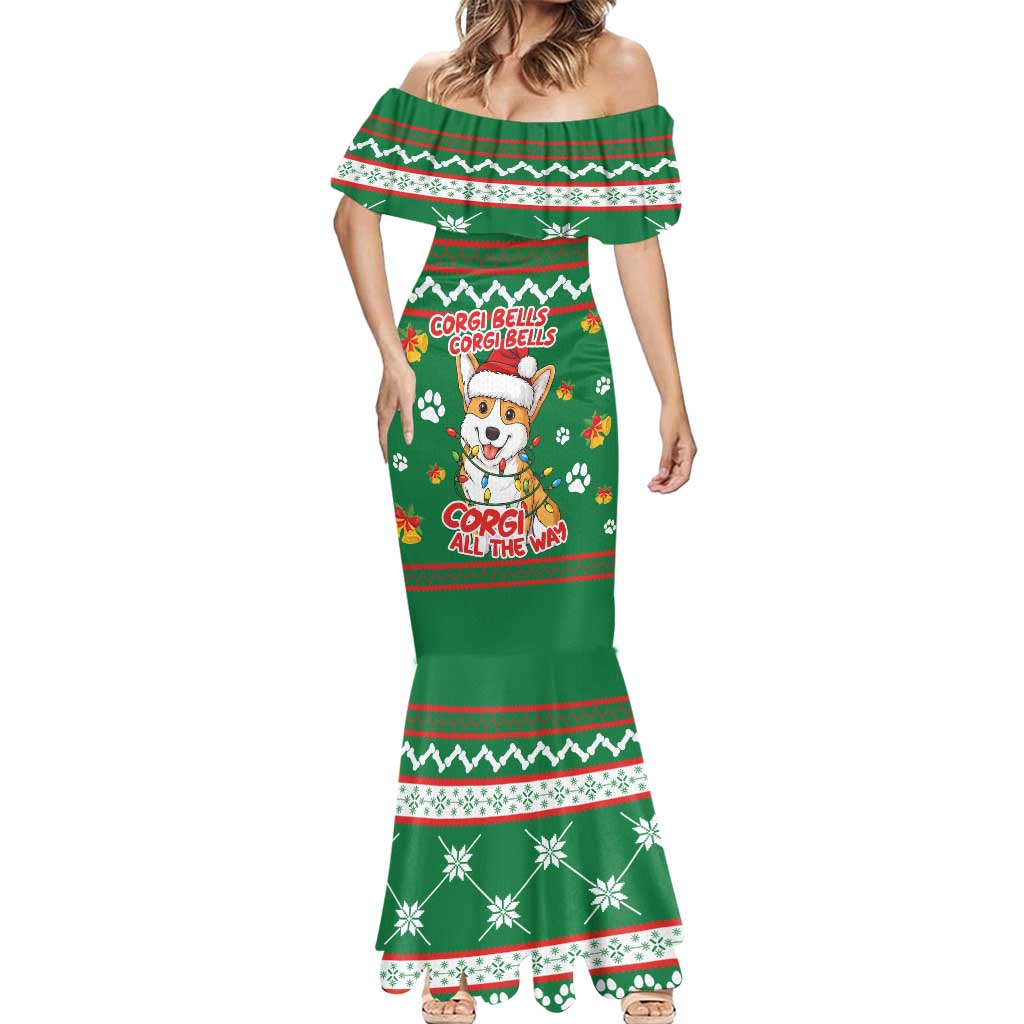 Corgi Dog Lights Corgi Bells Corgi All the Way Mermaid Dress wirh Green Snowflake Pattern Design - Wonder Print Shop