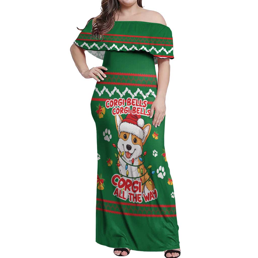 Corgi Dog Lights Corgi Bells Corgi All the Way Off Shoulder Maxi Dress wirh Green Snowflake Pattern Design - Wonder Print Shop