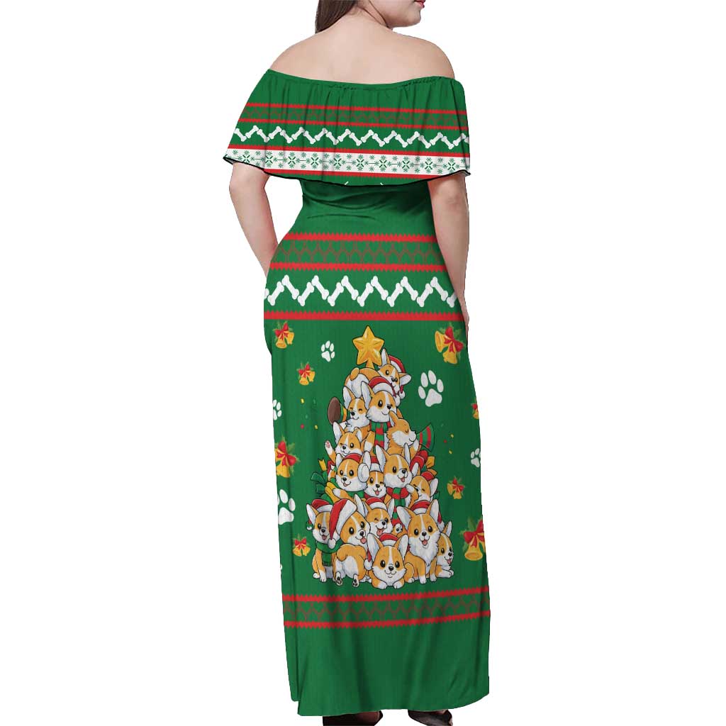 Corgi Dog Lights Corgi Bells Corgi All the Way Off Shoulder Maxi Dress wirh Green Snowflake Pattern Design - Wonder Print Shop