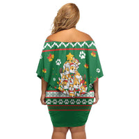 Corgi Dog Lights Corgi Bells Corgi All the Way Off Shoulder Short Dress wirh Green Snowflake Pattern Design - Wonder Print Shop