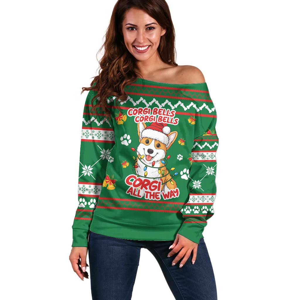 Corgi Dog Lights Corgi Bells Corgi All the Way Off Shoulder Sweater wirh Green Snowflake Pattern Design - Wonder Print Shop