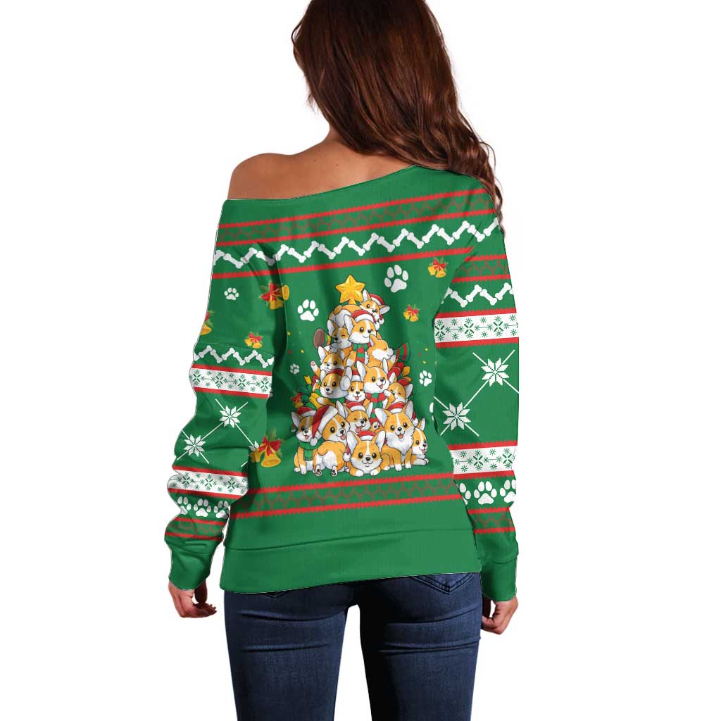 Corgi Dog Lights Corgi Bells Corgi All the Way Off Shoulder Sweater wirh Green Snowflake Pattern Design - Wonder Print Shop