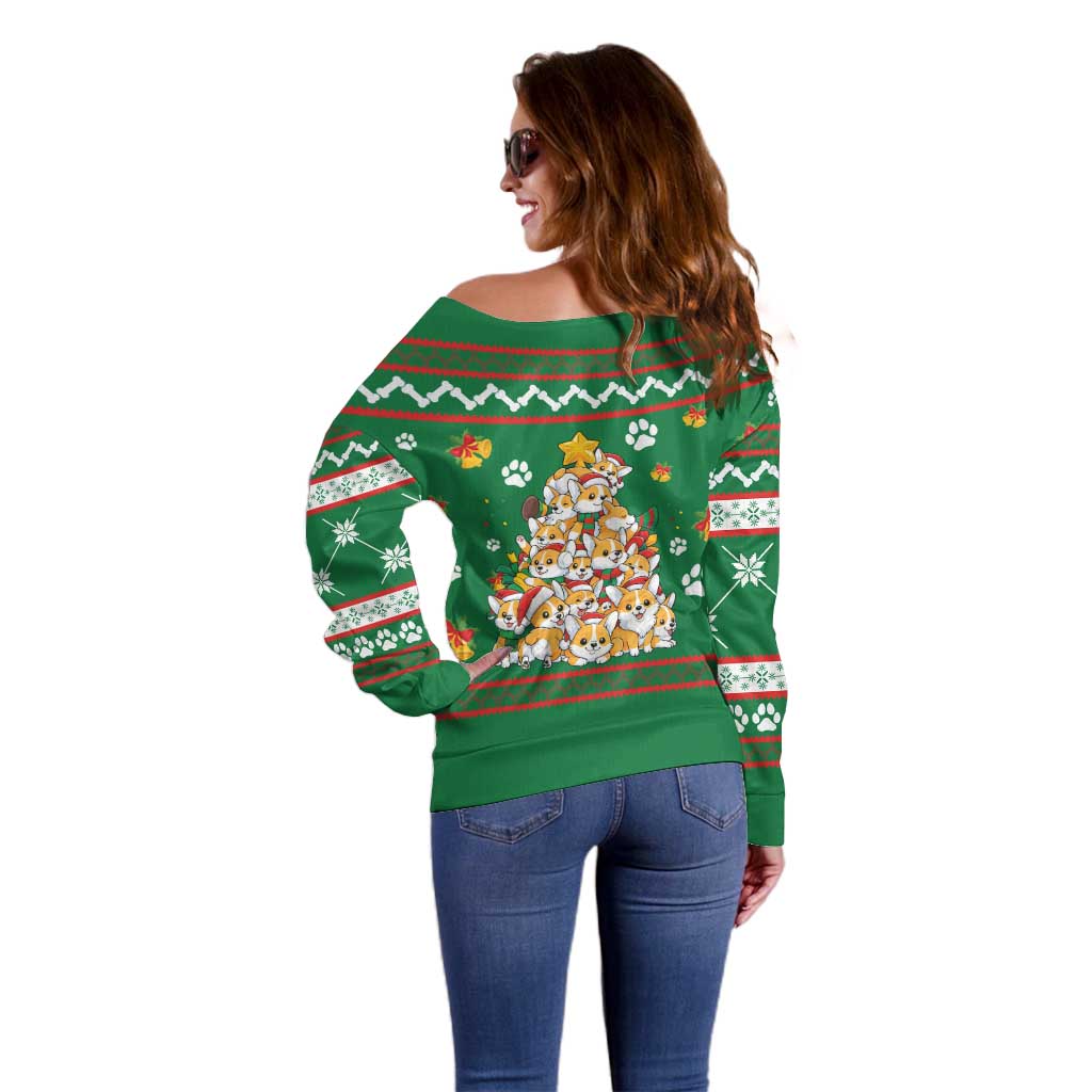 Corgi Dog Lights Corgi Bells Corgi All the Way Off Shoulder Sweater wirh Green Snowflake Pattern Design - Wonder Print Shop