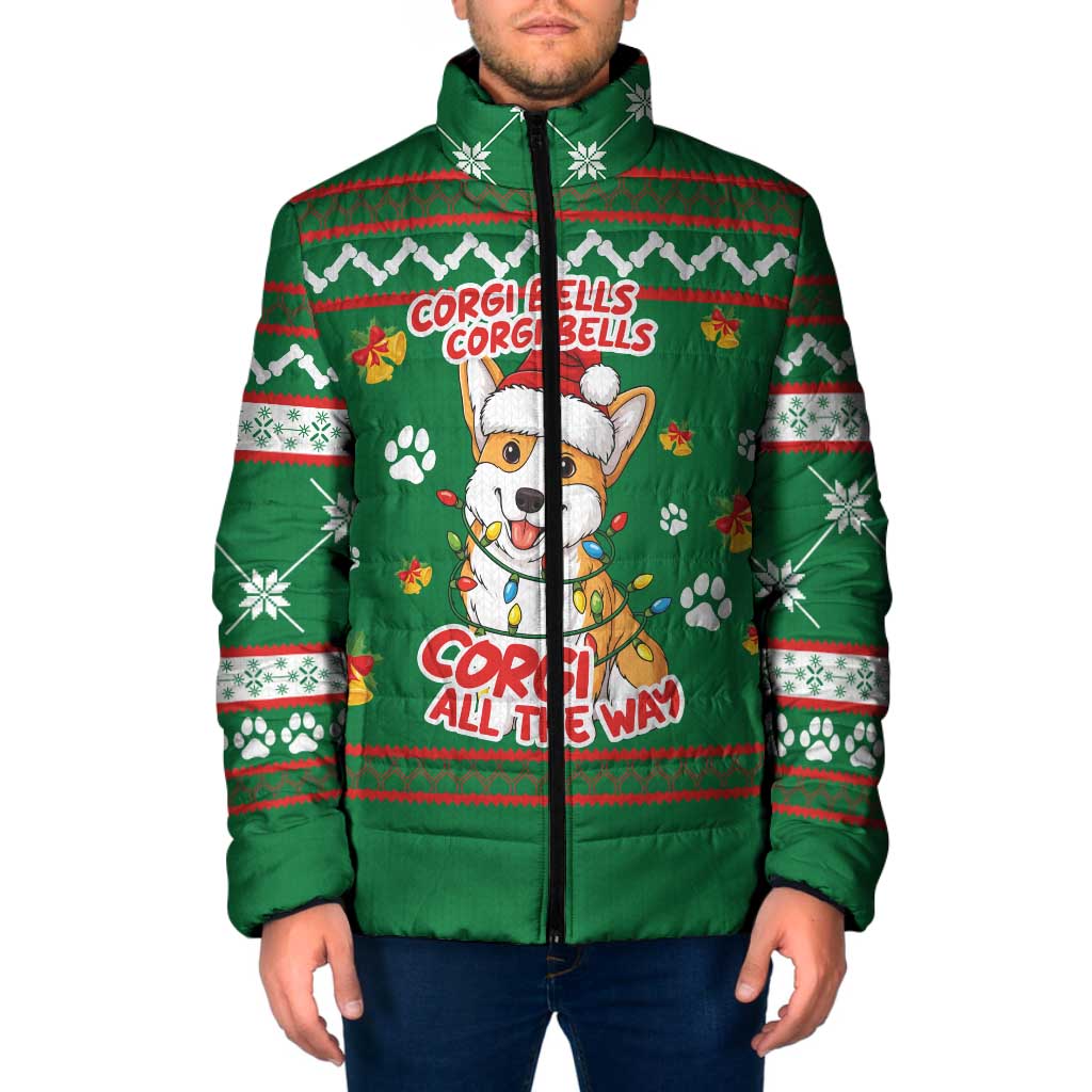 Corgi Dog Lights Corgi Bells Corgi All the Way Padded Jacket wirh Green Snowflake Pattern Design - Wonder Print Shop