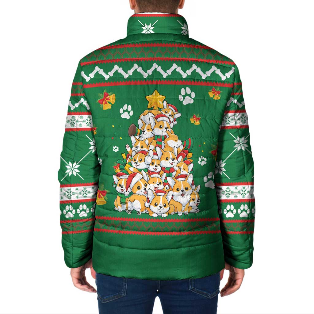 Corgi Dog Lights Corgi Bells Corgi All the Way Padded Jacket wirh Green Snowflake Pattern Design - Wonder Print Shop