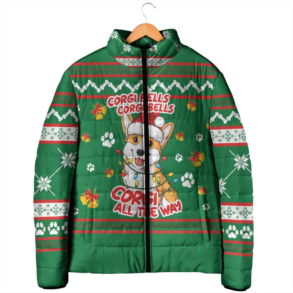 Corgi Dog Lights Corgi Bells Corgi All the Way Padded Jacket wirh Green Snowflake Pattern Design - Wonder Print Shop